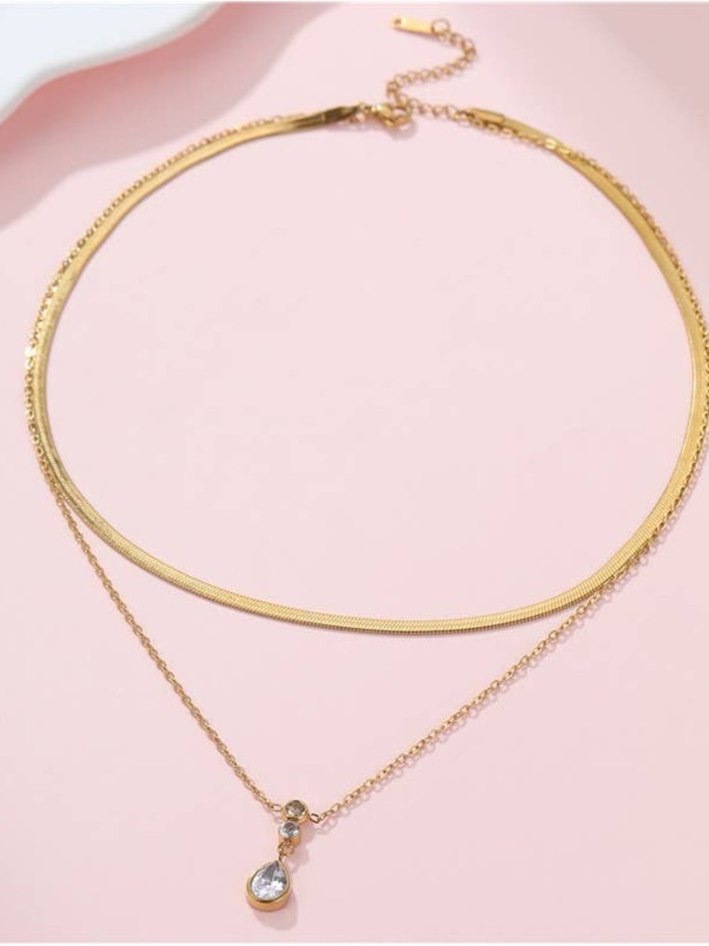 Waterproof Tarnish Free Double Layer Gold Necklace with Teardrop Crystal Pendant